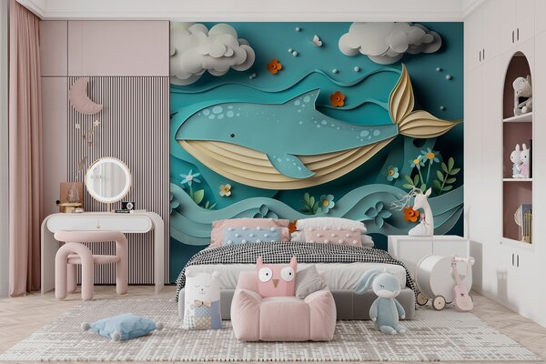 Fototapety Zabawny wieloryb w chmurach w stylu wycinanki papierowej, efekt 3D, Fototapety Morze i Plaża, w01496 : Uwalls.pl