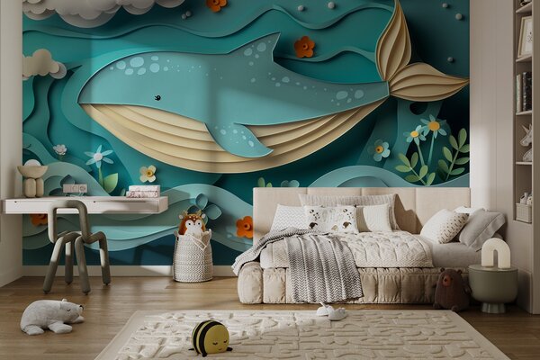 Fototapety Zabawny wieloryb w chmurach w stylu wycinanki papierowej, efekt 3D, Fototapety Morze i Plaża, w01496 : Uwalls.pl