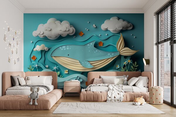 Fototapety Zabawny wieloryb w chmurach w stylu wycinanki papierowej, efekt 3D, Fototapety Morze i Plaża, w01496 : Uwalls.pl