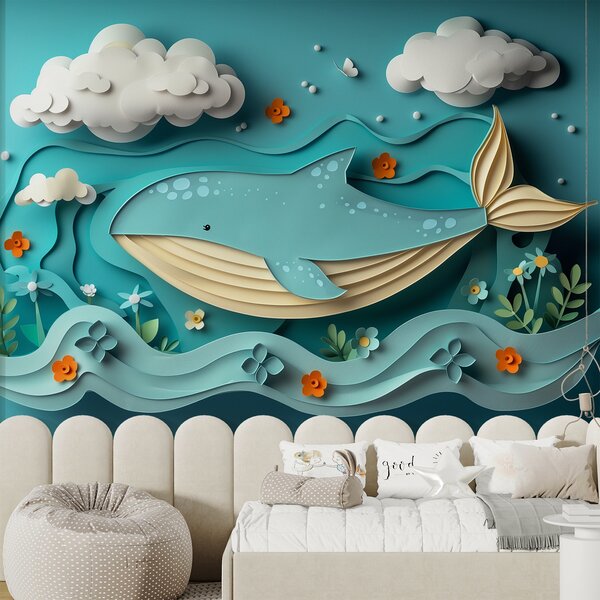 Fototapety Zabawny wieloryb w chmurach w stylu wycinanki papierowej, efekt 3D, Fototapety Morze i Plaża, w01496 : Uwalls.pl