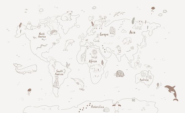Fototapeta Mapa świata ze zwierzętami, Fototapety z mapami świata, Popularne Fototapety, w01502 - Tapeko.pl
