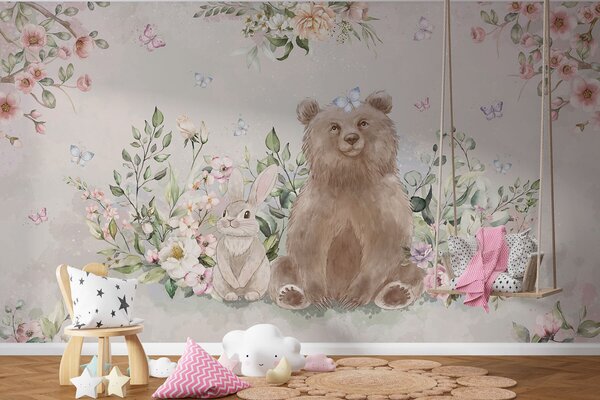 Fototapeta Niedźwiedź i królik z kwiatami, Fototapety Natura, Popularne Fototapety, w01491 - Tapeko.pl