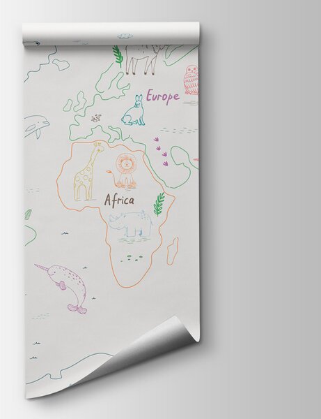 Fototapeta Mapa świata ze zwierzętami i tekstem, Fototapety Morze i Plaża, Popularne Fototapety, w01502v1 - Tapeko.pl