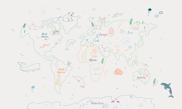 Fototapeta Mapa świata ze zwierzętami i tekstem, Fototapety Morze i Plaża, Popularne Fototapety, w01502v1 - Tapeko.pl