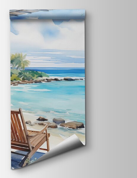 Fototapeta Akwarela przedstawiająca krzesła na tarasie z widokiem na plażę, Fototapety Natura, Popularne Fototapety, w01055 - Tapeko.pl