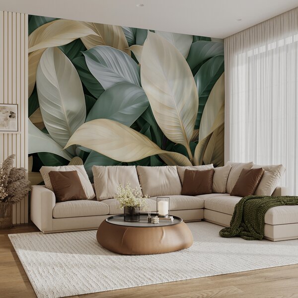 Fototapety Duże tropikalne liście w kolorach zielonym i beżowym, Fototapety 3D, Fototapety 3d liście, w01587v1 : Uwalls.pl