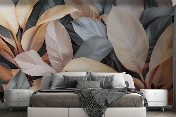 Fototapety Duże tropikalne liście w kolorach niebieskim i beżowym, Fototapety 3D, Fototapety 3d liście, w01587v2 : Uwalls.pl