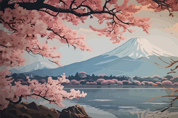Fototapety Sakura, góry, akwarela, Fototapety Natura, w01664 : Uwalls.pl