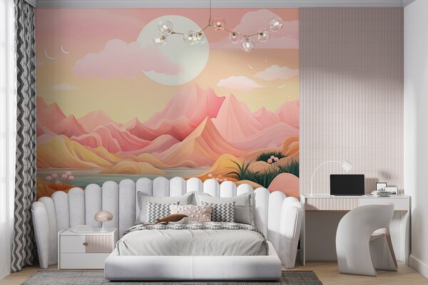 Fototapety Fantastyczny, pastelowy krajobraz z delikatnie różowymi i brzoskwiniowymi górami, Fototapety Akwarele, w01656 : Uwalls.pl