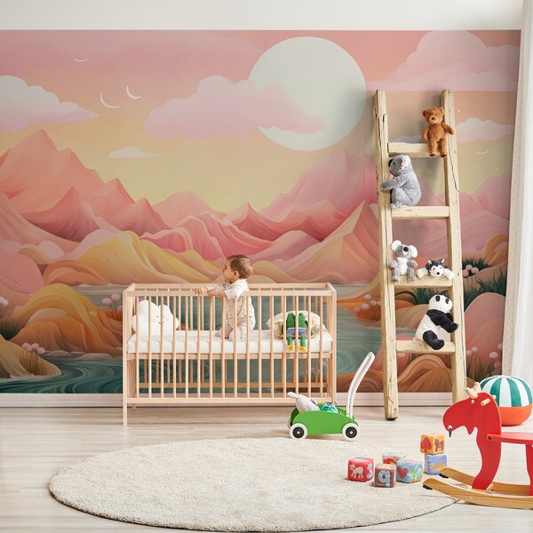 Fototapety Fantastyczny, pastelowy krajobraz z delikatnie różowymi i brzoskwiniowymi górami, Fototapety Akwarele, w01656 : Uwalls.pl