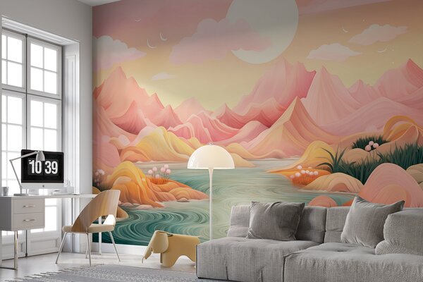 Fototapety Fantastyczny, pastelowy krajobraz z delikatnie różowymi i brzoskwiniowymi górami, Fototapety Akwarele, w01656 : Uwalls.pl