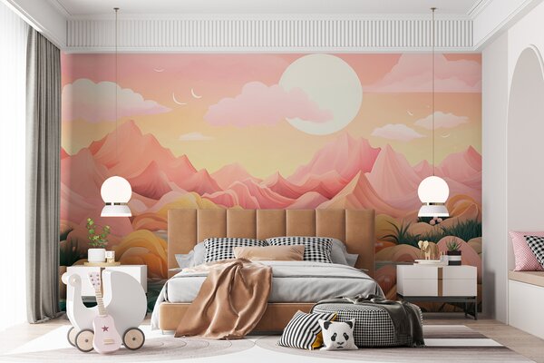 Fototapety Fantastyczny, pastelowy krajobraz z delikatnie różowymi i brzoskwiniowymi górami, Fototapety Akwarele, w01656 : Uwalls.pl
