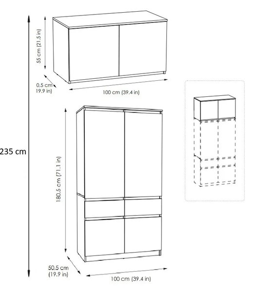 Biała minimalistyczna dwudrzwiowa szafa z nadstawką 100 cm K6-T48