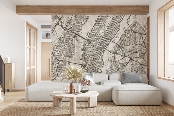 Fototapety Mapa Nowego Jorku, rysunek liniowy, architektura, beżowe kolory, Fototapety Mapy, w01699 : Uwalls.pl
