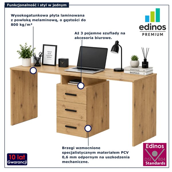 Podwójne biurko komputerowe długie z szufladami dąb artisan D1-S75