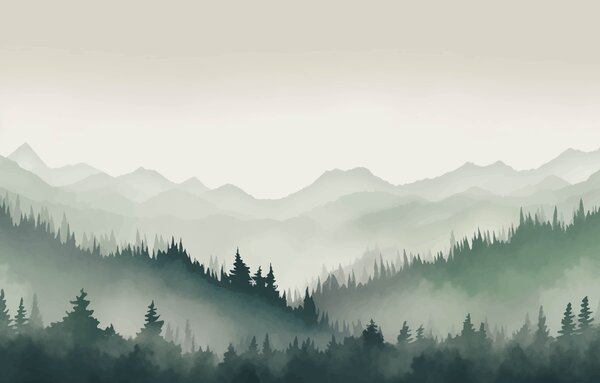 Fototapeta Mglisty górski krajobraz z drzewami i górami, Fototapety Natura, Popularne Fototapety, w01747 - Tapeko.pl