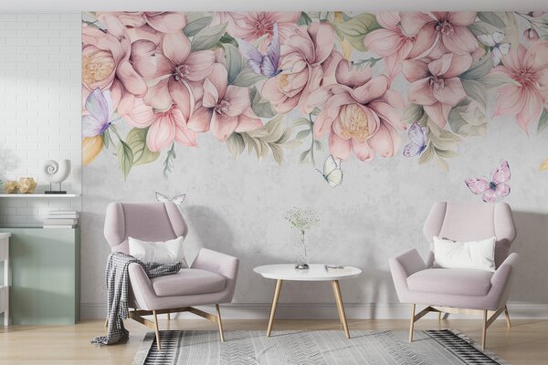Fototapety Miękkie różowe i białe kwiaty z delikatnymi kwiatami i liśćmi na, Fototapety Zwierzęta, Fototapety Motyle, w08331 : Uwalls.pl