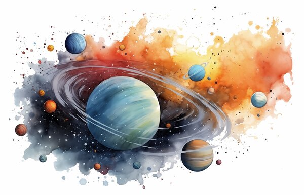 Fototapeta Akwarela planet i gwiazd, Fototapety Kosmos, Popularne Fototapety, w01804 - Tapeko.pl