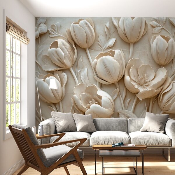 Fototapety kwiatowa grafika 3D z wdzięcznymi tulipanami w beżowym kolorze, Fototapety 3D, Fototapety 3d Kwiaty, w01851 : Uwalls.pl