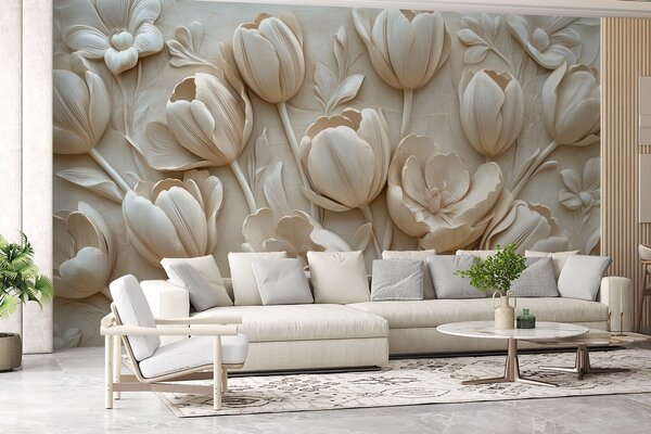 Fototapety kwiatowa grafika 3D z wdzięcznymi tulipanami w beżowym kolorze, Fototapety 3D, Fototapety 3d Kwiaty, w01851 : Uwalls.pl