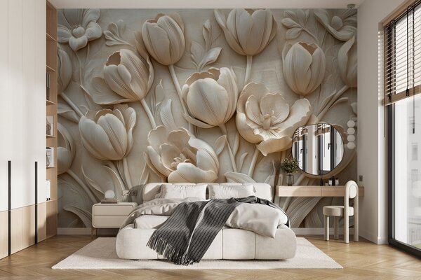 Fototapety kwiatowa grafika 3D z wdzięcznymi tulipanami w beżowym kolorze, Fototapety 3D, Fototapety 3d Kwiaty, w01851 : Uwalls.pl