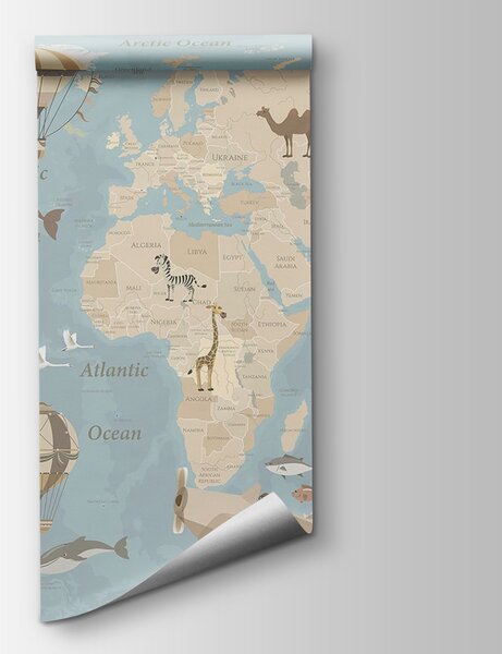 Fototapeta Mapa świata z samolotami i balonami na ogrzane powietrze, Fototapety z mapami świata, Popularne Fototapety, u36066v5 - Tapeko.pl