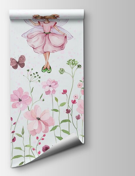 Fototapeta Akwarela wróżki w różowej sukience otoczonej kwiatami, Fototapety Motyle, Popularne Fototapety, w01460 - Tapeko.pl