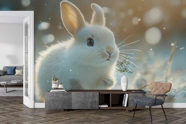 Fototapeta Biały króliczek na śniegu, Fototapety z zwierzętami, Popularne Fototapety, w02066 - Tapeko.pl