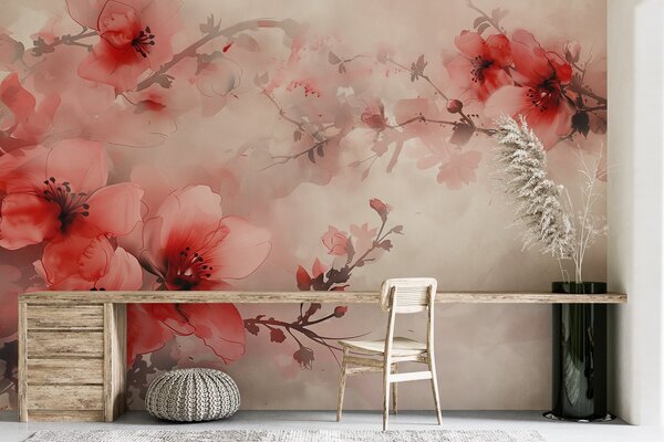 Fototapety Akwarelowa kompozycja czerwonych kwiatów na ciemnych gałęziach, Fototapety Las, Fototapety Drzewa, w02068v2 : Uwalls.pl