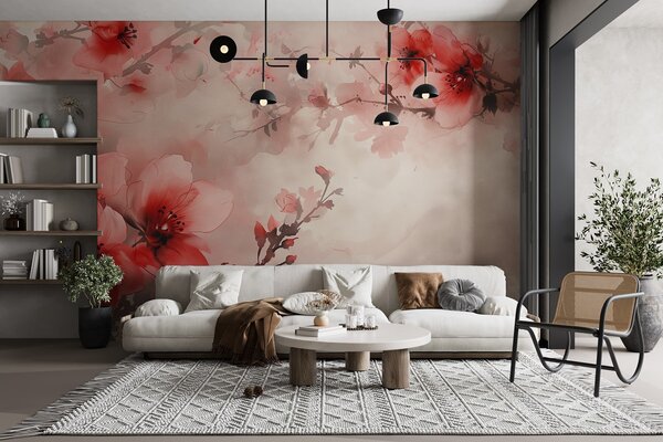 Fototapety Akwarelowa kompozycja czerwonych kwiatów na ciemnych gałęziach, Fototapety Las, Fototapety Drzewa, w02068v2 : Uwalls.pl
