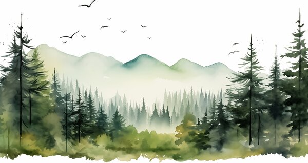 Fototapeta Akwarela przedstawiająca las i góry, Fototapety Natura, Popularne Fototapety, w02150 - Tapeko.pl