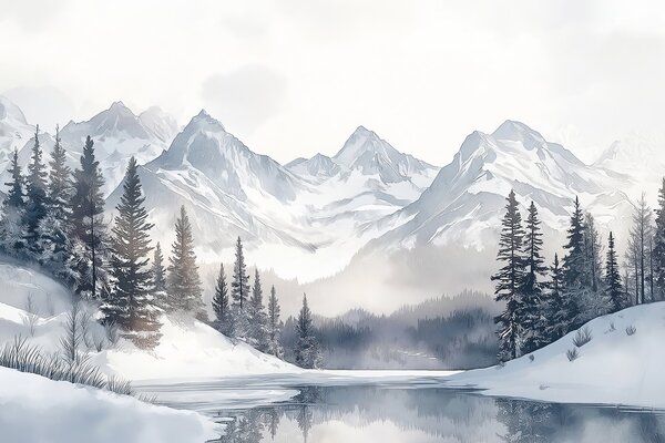 Fototapeta Jezioro otoczone śniegiem i górami, Fototapety Natura, Popularne Fototapety, w02357 - Tapeko.pl