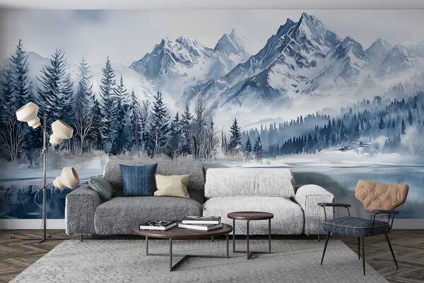 Fototapety Alpy w śniegu, zimowy las, zamarznięte jezioro, niebieska paleta kolorów , Fototapety Natura, w02358 : Uwalls.pl