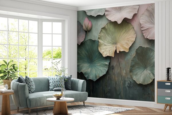 Fototapety liście lotosu w pastelowym stylu z efektem objętości, Fototapety Kwiaty, w02441 : Uwalls.pl