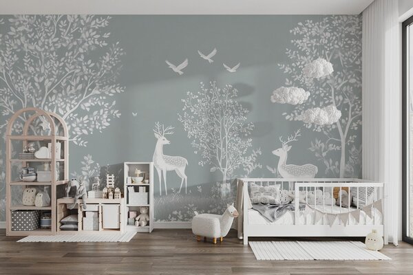 Fototapeta Biały jeleń i ptaki w lesie, Fototapety Natura, Popularne Fototapety, w02444v2 - Tapeko.pl