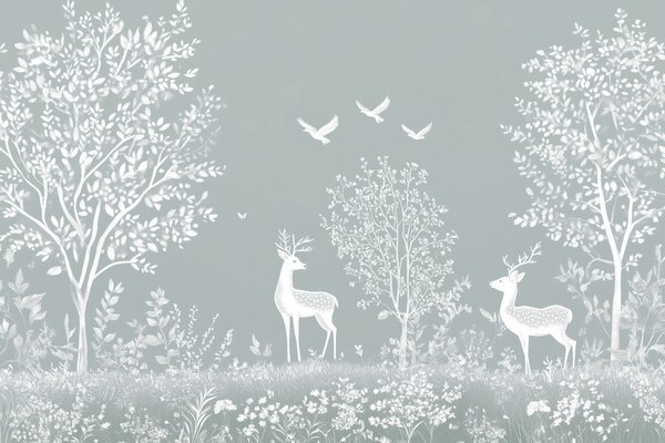 Fototapeta Biały jeleń i ptaki w lesie, Fototapety Natura, Popularne Fototapety, w02444v2 - Tapeko.pl