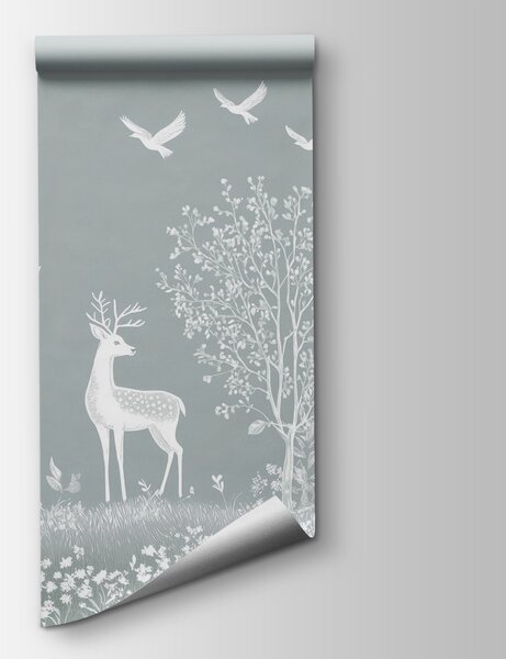 Fototapeta Biały jeleń i ptaki w lesie, Fototapety Natura, Popularne Fototapety, w02444v2 - Tapeko.pl