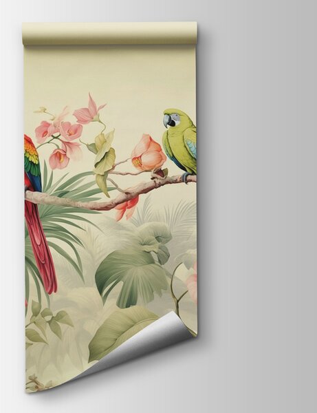 Fototapeta Para papug na gałęzi z kwiatami, Fototapety Natura, Popularne Fototapety, w08507 - Tapeko.pl