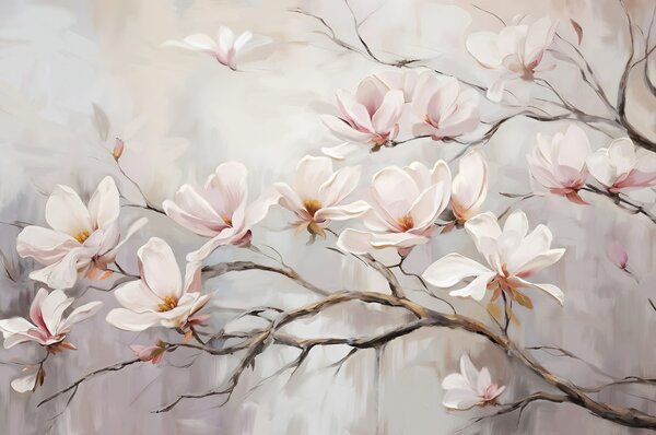 Fototapety Delikatne różowe kwiaty magnolii kwitnące na nagich gałęziach drzew na miękkim, zamglonym tle, Fototapety Kwiaty, w08589 : Uwalls.pl