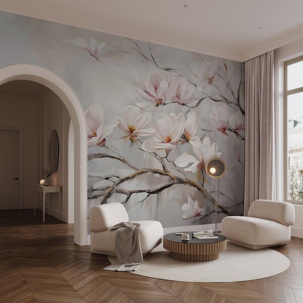 Fototapety Delikatne różowe kwiaty magnolii kwitnące na nagich gałęziach drzew na miękkim, zamglonym tle, Fototapety Kwiaty, w08589 : Uwalls.pl
