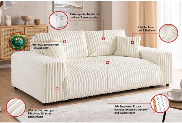 Kremowa sztruksowa sofa 178 cm Justin – Ropez