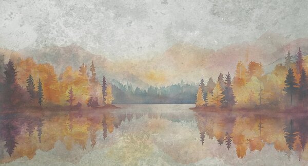 Fototapeta Akwarela przedstawiająca jezioro z drzewami i górami, Fototapety Natura, Popularne Fototapety, w08621 - Tapeko.pl