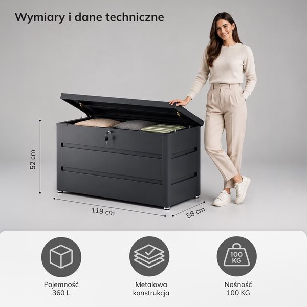 Metalowa skrzynia ogrodowa Carrie 360 litrów, 119 × 58 × 52 cm, kolor antracyt