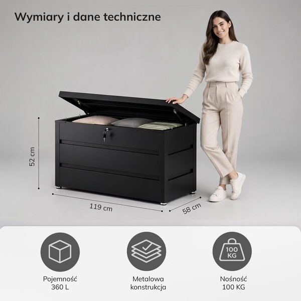 Metalowa skrzynia ogrodowa Carrie 360 litrów, 119 × 58 × 52 cm, kolor czarny