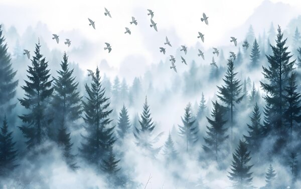 Fototapeta Ptaki latające nad lasem, Fototapety Natura, Popularne Fototapety, w08664 - Tapeko.pl