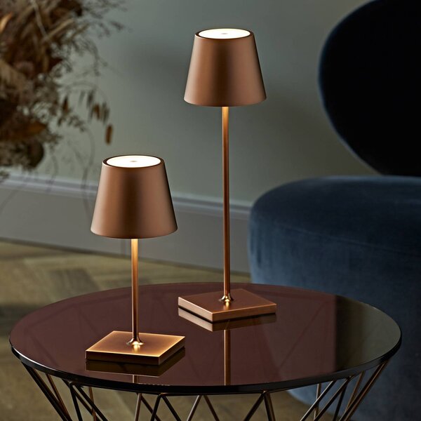 Sigor Akumulatorowa lampa stołowa LED Nuindie, USB-C, brąz, IP54, ściemniana możliwość ściemniania, brązowy / mosiężny, salon / jadalnia, aluminium, nowoczesny