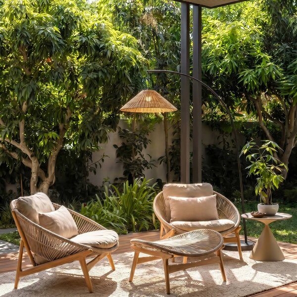 Lucande Lampa stojąca zewnętrzna Taniola, stożkowa, rattan, 195 cm, IP44 Taniola, ciemne drewno, drewno, dworkowy / rustykalny