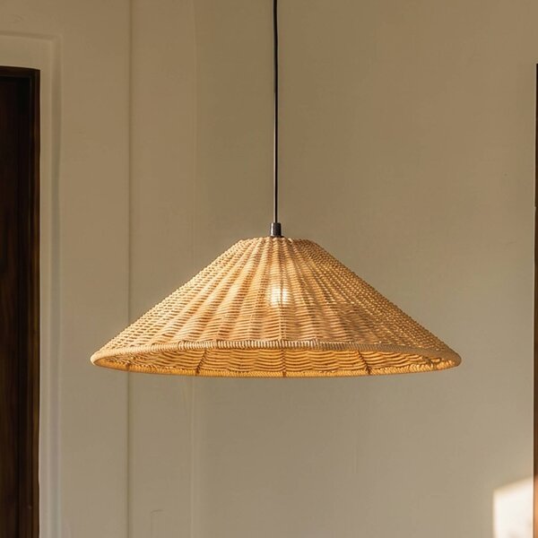 Lampa wisząca zewnętrzna Lucande Taniola, 1-punktowa, stożkowa, Ø 60 cm Taniola Lucande, możliwość ściemniania, ciemne drewno, drewno, dworkowy / rustykalny