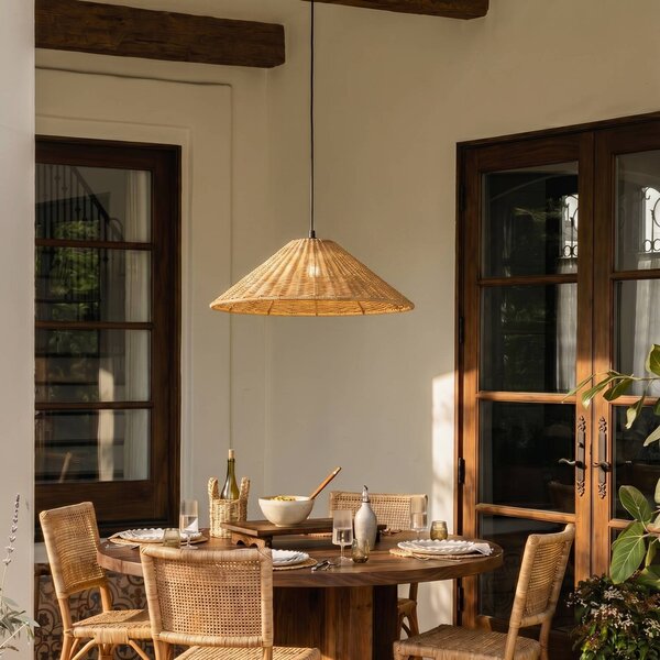 Lampa wisząca zewnętrzna Lucande Taniola, 1-punktowa, stożkowa, Ø 60 cm Taniola Lucande, możliwość ściemniania, ciemne drewno, drewno, dworkowy / rustykalny
