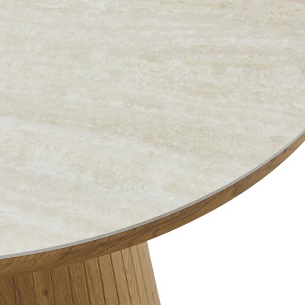 Stół Rozkładany Okrągły OVAR 120-200 cm Ceramiczny Trawertyn/Dąb Skandynawski